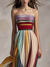 Carregar imagem no visualizador da galeria, Elegant Striped Printed Off-shoulder Pleated Bandeau Maxi Dress