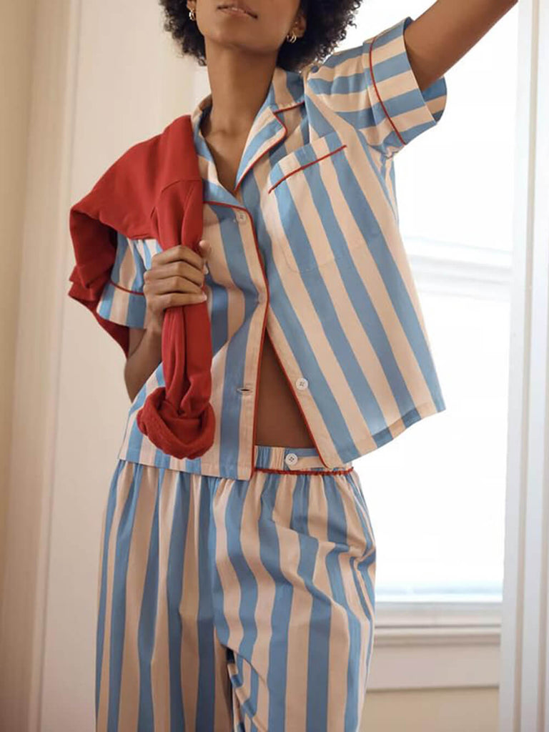 Loose Striped Button-Down Shirt Pajama Set