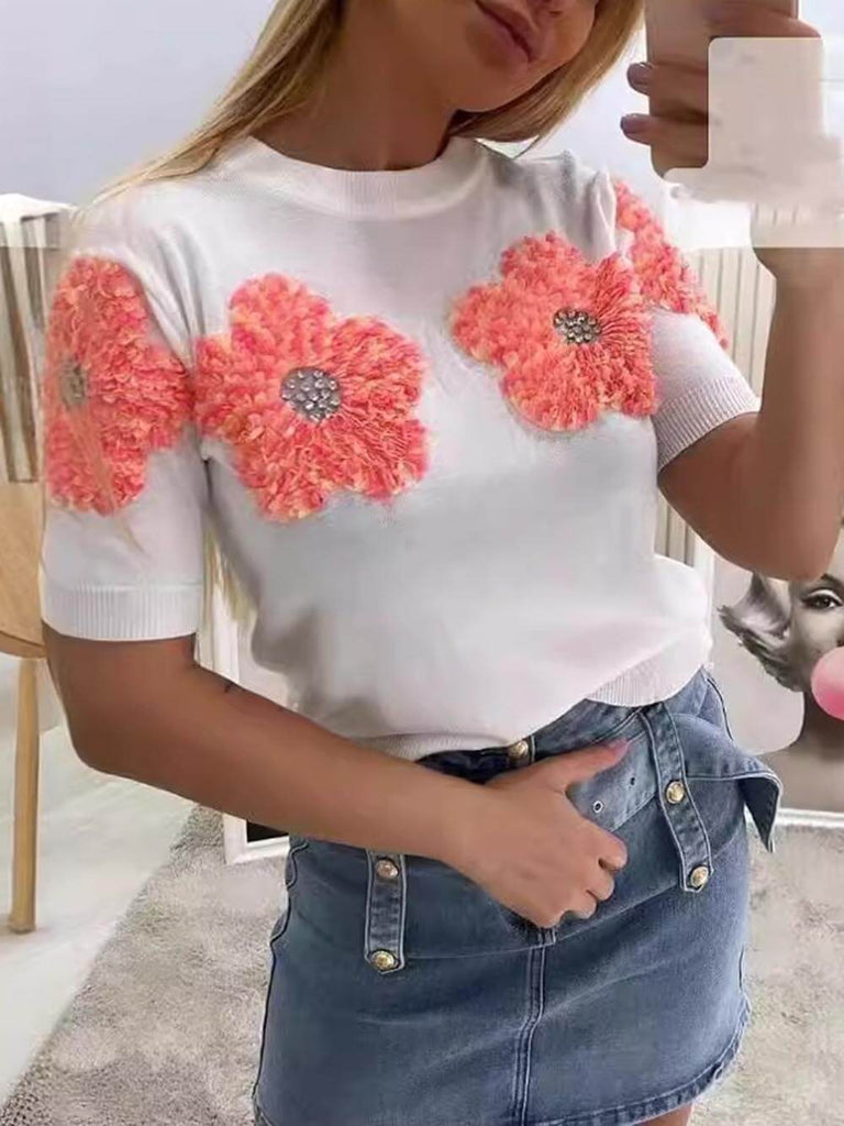 Sweet Contrast Color Flower Round Neck Short Sleeve Sweater