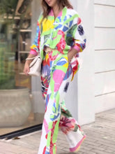 Carica l&#39;immagine nel visualizzatore di Gallery, Ethnic Style Printed Loose Shirt High Waist Wide Leg Pants Suit