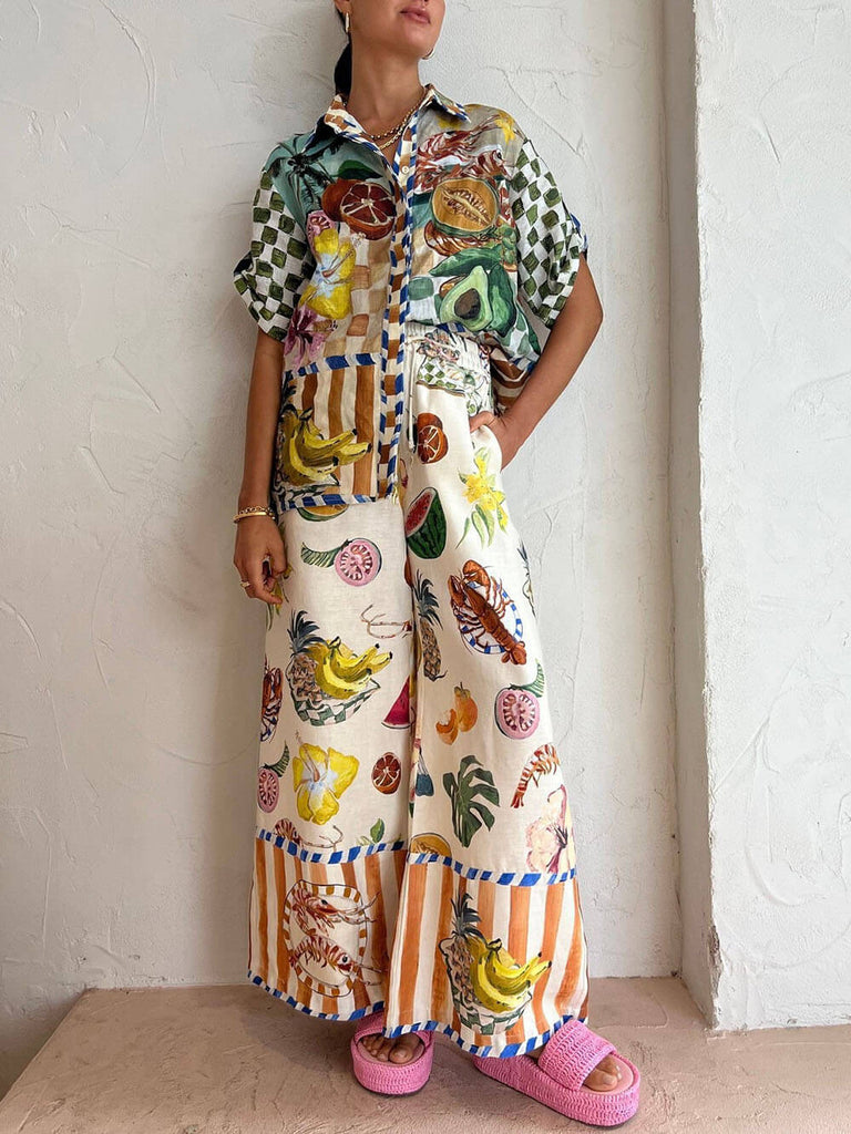 Tropical Fruit Print Shirt Elastic Waist Pocket Wide Leg Pants Suit