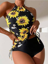 Carregar imagem no visualizador da galeria, Sunflower Print Halter Neck Drawstring Tankini Set