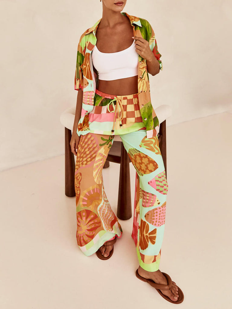 Unique Ethnic Print Elastic Waist Pocket Wide Leg Pants Suit