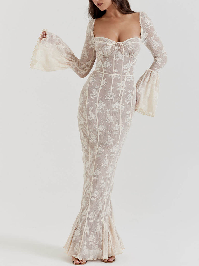 Robe longue vintage en dentelle crème