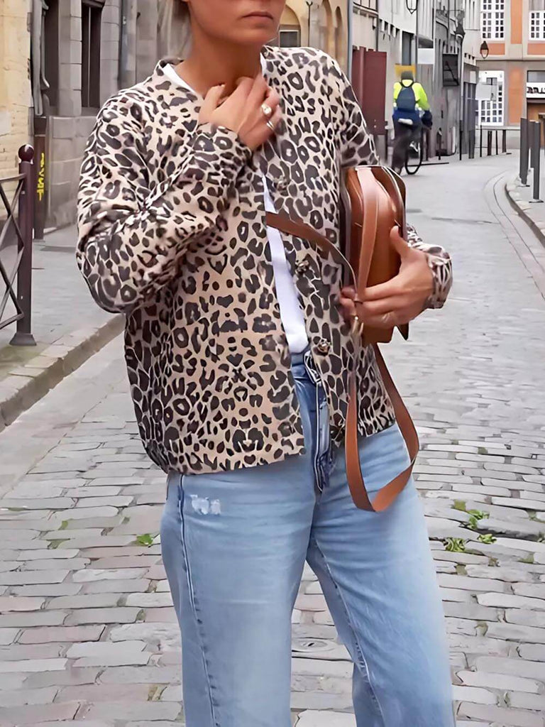 Classic Leopard Print Collarless Button-Down Jacket