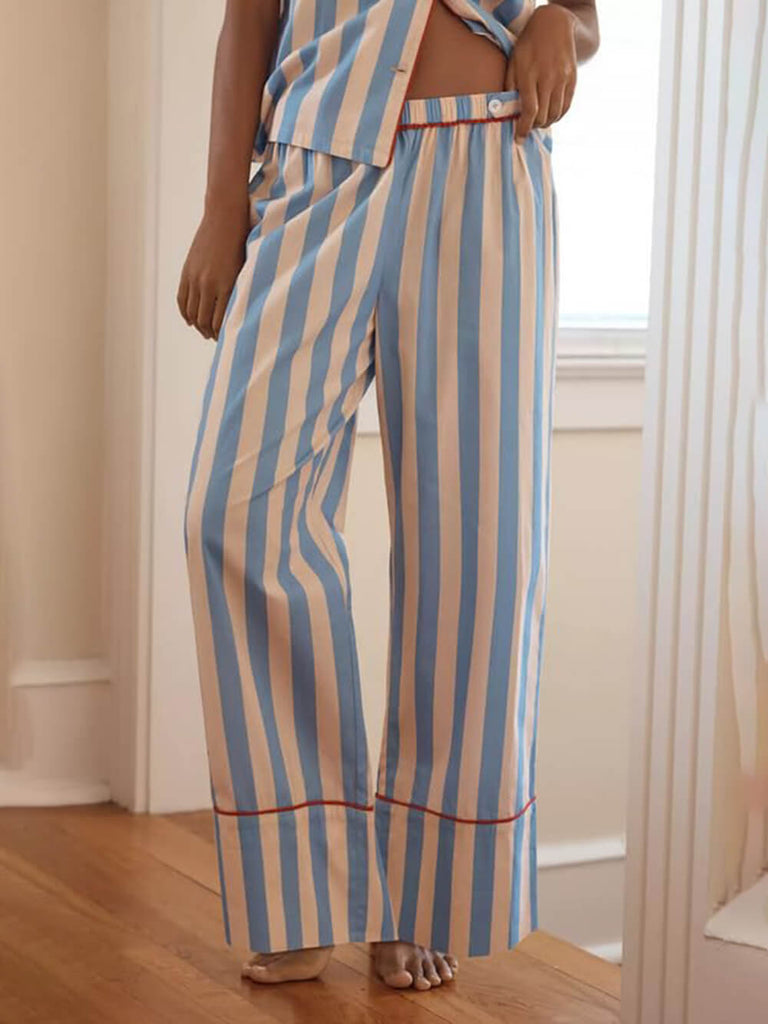 Loose Striped Button-Down Shirt Pajama Set