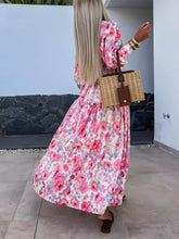 Laden Sie das Bild in den Galerie-Viewer, Charming Printed Shirt Buttons Plain Gold Floral Maxi Dress