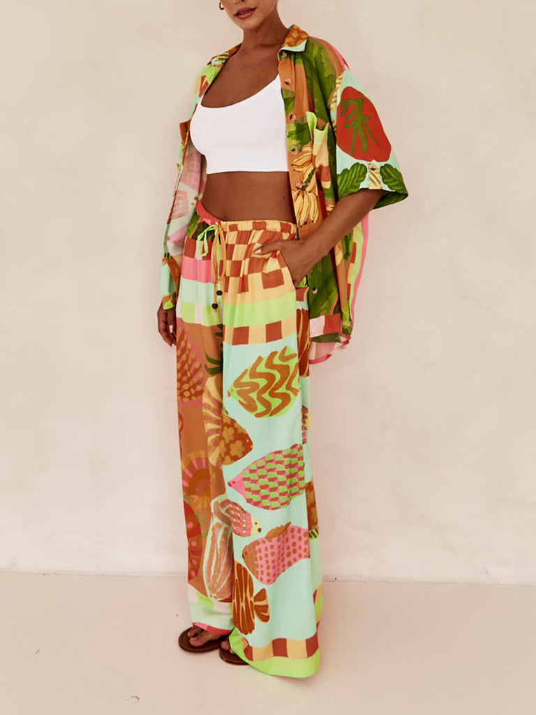 Unique Ethnic Print Elastic Waist Pocket Wide Leg Pants Suit