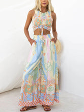 Carica l&#39;immagine nel visualizzatore di Gallery, Floral Print Smocked Adjustable Tank Top Drawstring  Wide Leg Pants Set