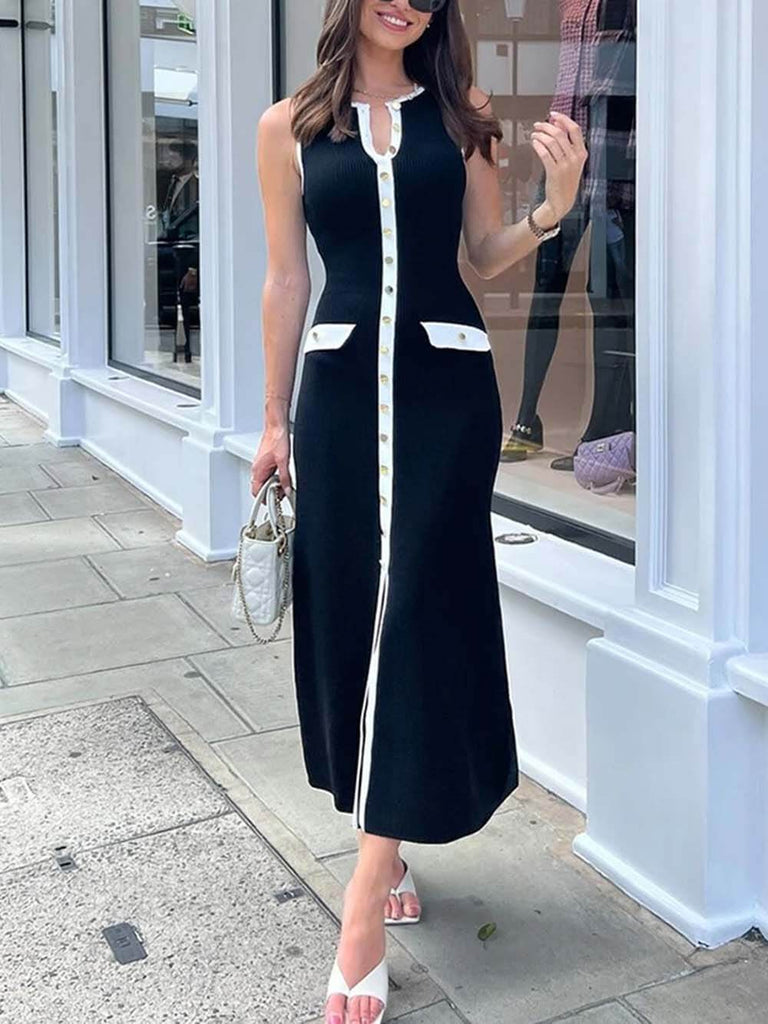 Elegant Crew Neck Buttoned Sleeveless Knit Midi Dress