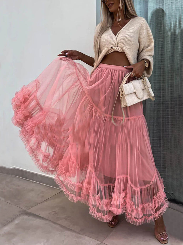 Elegant Tulle Stretch Waist Paneled Pleated Maxi Skirt