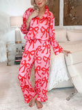 Bow Print Lapel Home Pajamas Set