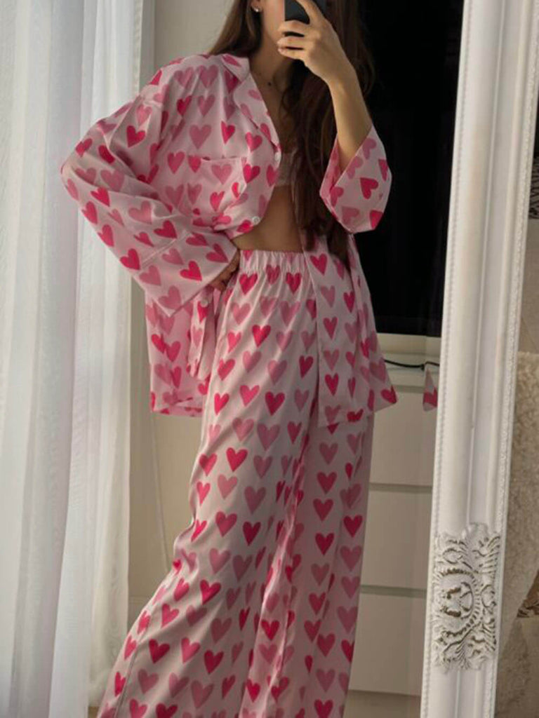 Heart-Shaped Printed Loose Patchwork Pajama Set