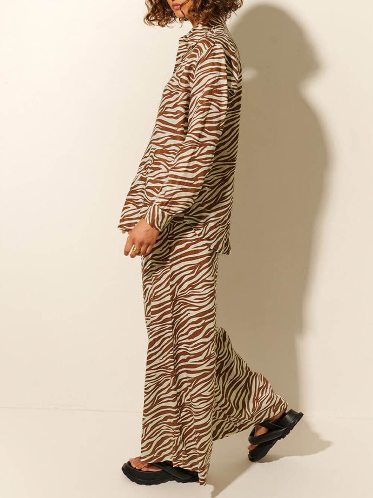 Button Open Collar Loose Zebra Print Drawstring Wide Leg Pants-Set