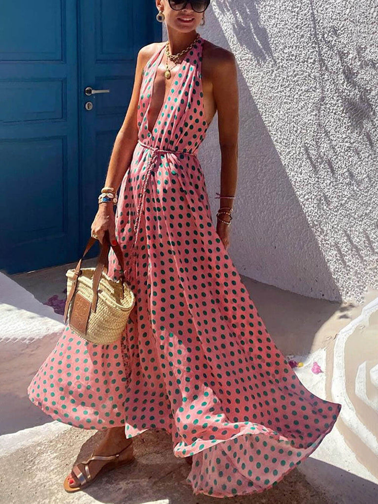 Polka Dots Print Back Lace-Up Swing Maxi Dress