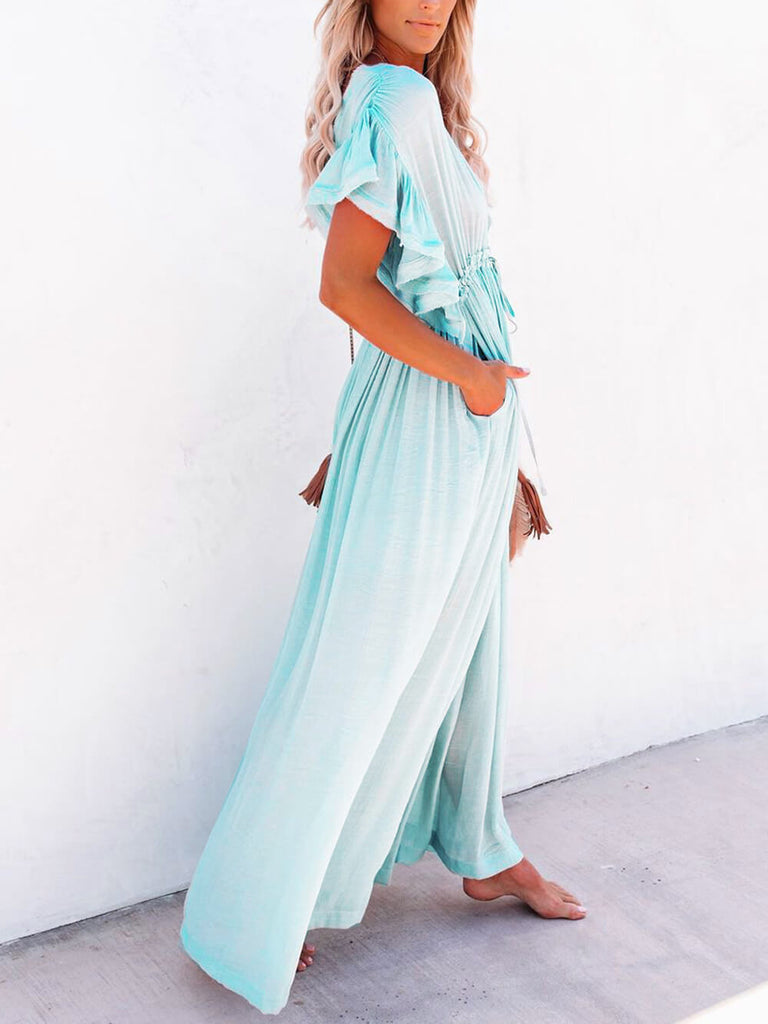 Button Cotton Linen Perfect Beach Boho Maxi Dress