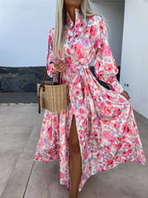 Load image into Gallery viewer, Charming Printed Shirt Buttons Plain Gold Floral Maxi Dress