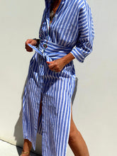 Load image into Gallery viewer, Splendor Stripes Printed Button Half Sleeve Belt Shirt Midi Dress