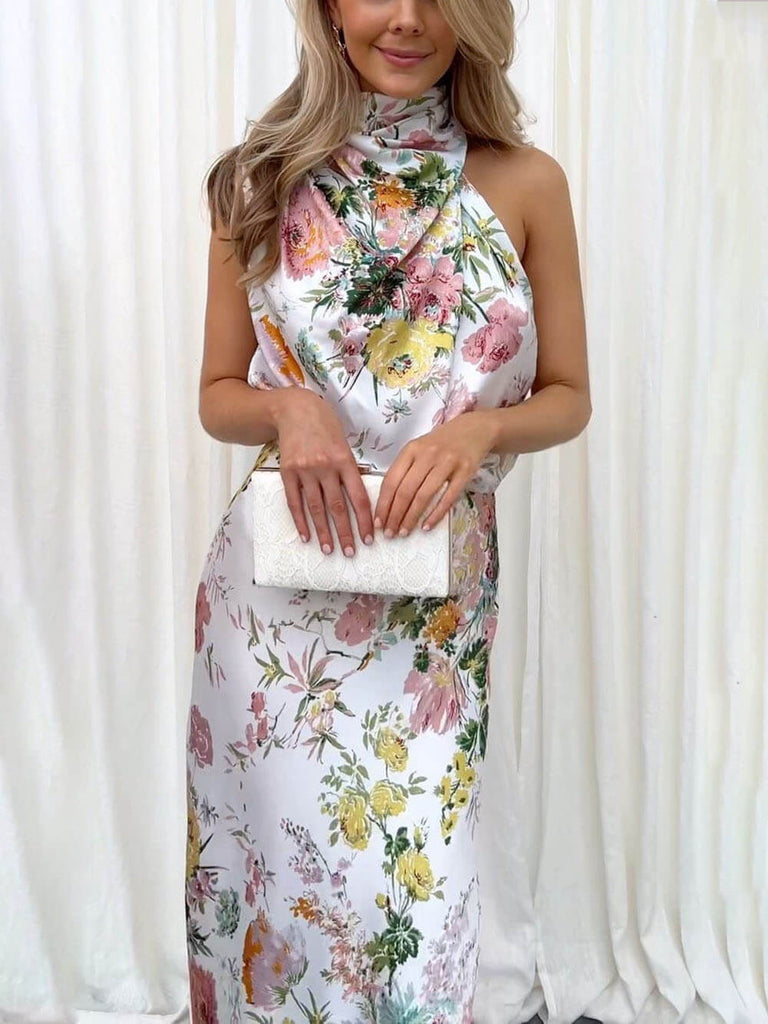 Floral Halter Neck Elastic Waist Maxi Dress