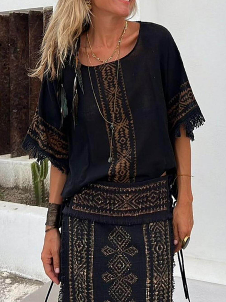 Ethnic Print Patchwork Side Lace-Up Maxi Skirt-Set