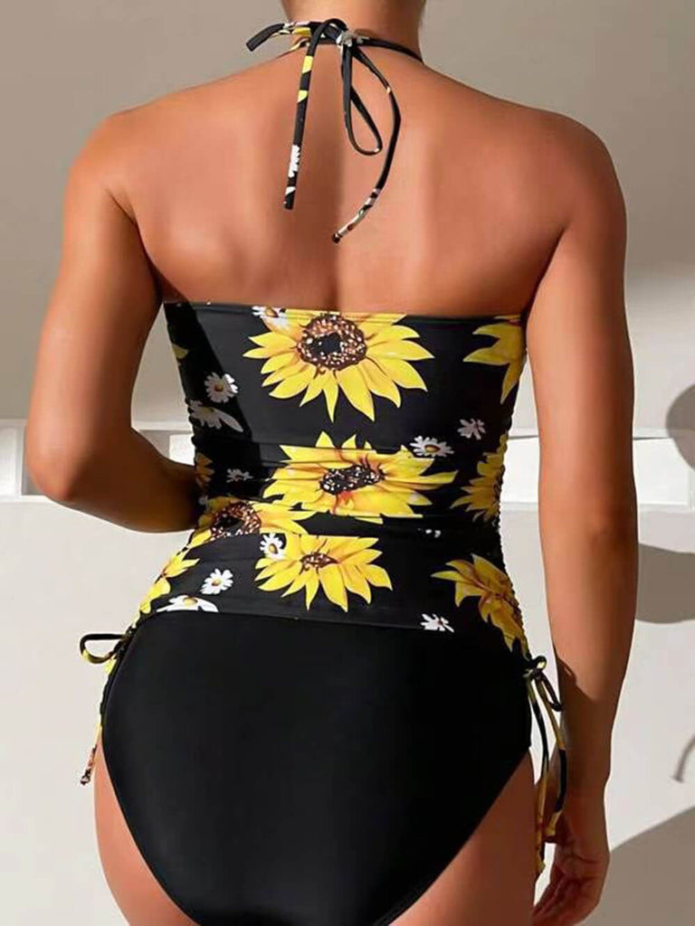 Ensemble tankini à imprimé tournesol avec cordon de serrage et col licou