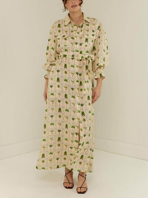 Classic Palm Tree Print Loose Cardigan Lace-Up Dress