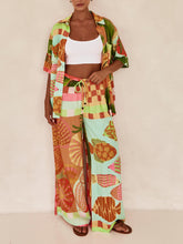 Carregar imagem no visualizador da galeria, Unique Ethnic Print Elastic Waist Pocket Wide Leg Pants Suit