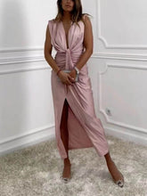 Load image into Gallery viewer, Classic V-Neck Ruched Drape Slit Midi Dress