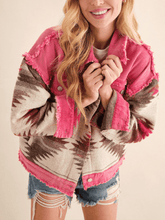 Load image into Gallery viewer, Dolly Cotton Frayed Aztec Denim Jacket