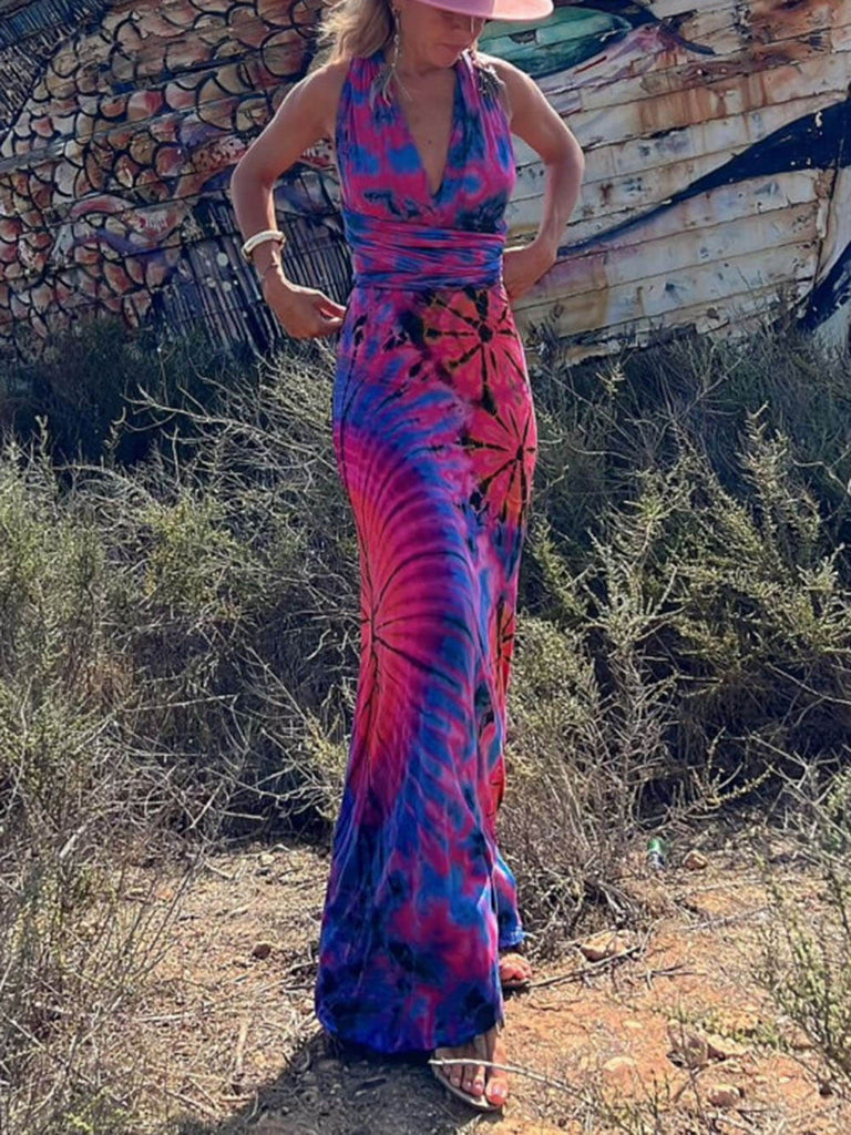 Printed Sleeveless V-Neck Maxi Dress