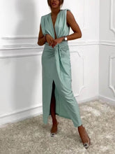 Load image into Gallery viewer, Classic V-Neck Ruched Drape Slit Midi Dress