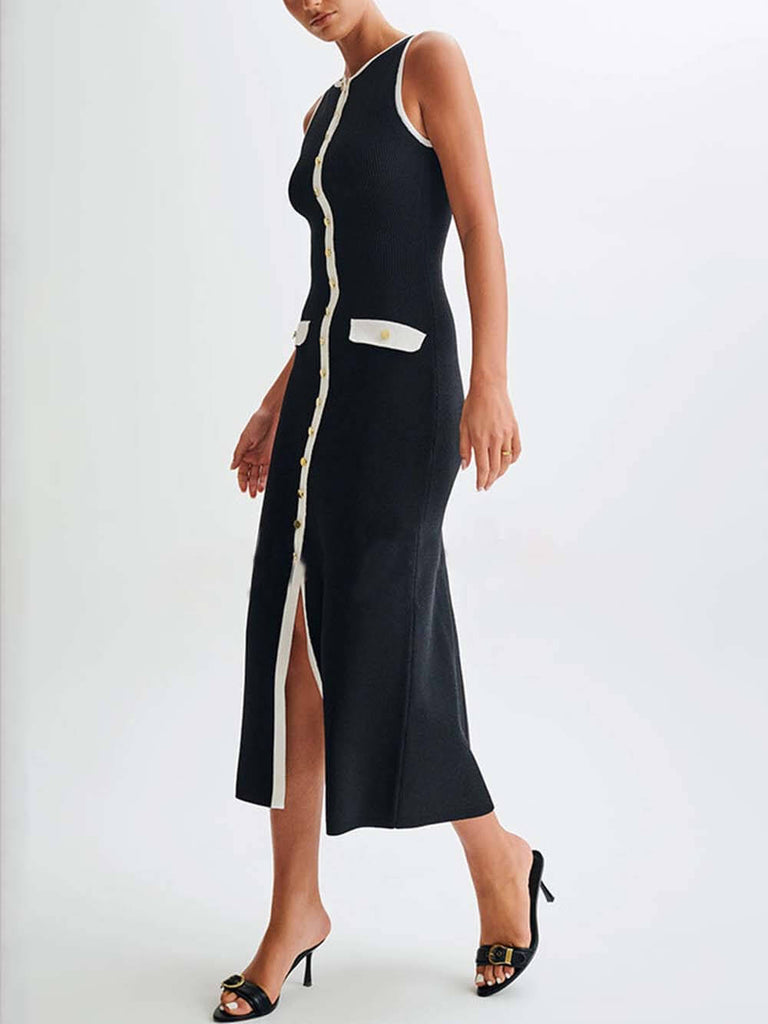 Elegant Crew Neck Buttoned Sleeveless Knit Midi Dress