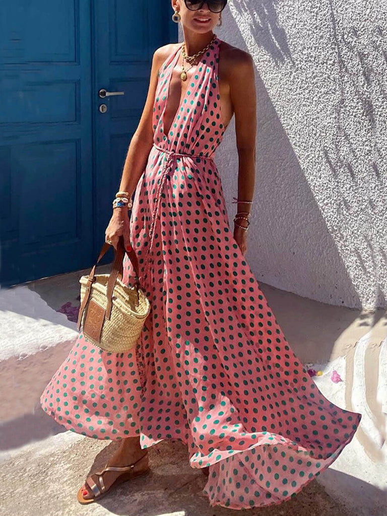 Polka Dots Print Back Lace-Up Swing Maxi Dress