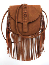 Load image into Gallery viewer, Woven Semi Circular Leather Tassel Crossbody Bag