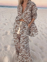 Load image into Gallery viewer, Button Open Collar Loose Zebra Print Drawstring Wide Leg Pants-Set