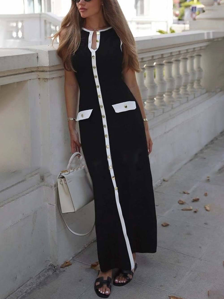 Elegant Crew Neck Buttoned Sleeveless Knit Midi Dress