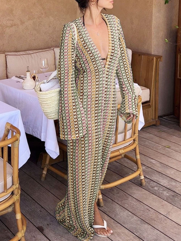 Boho V Neck Bell Sleeve Wavy Striped Crochet Beach Vacation Maxi Dress - Brown