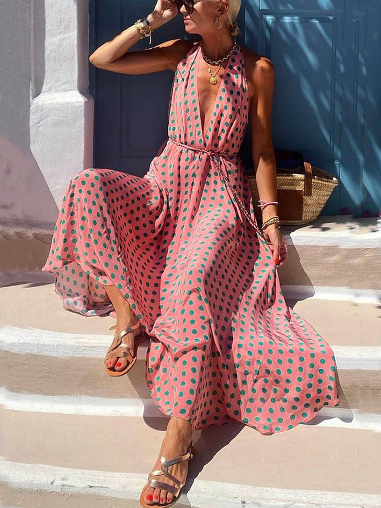 Polka Dots Print Back Lace-Up Swing Maxi Dress