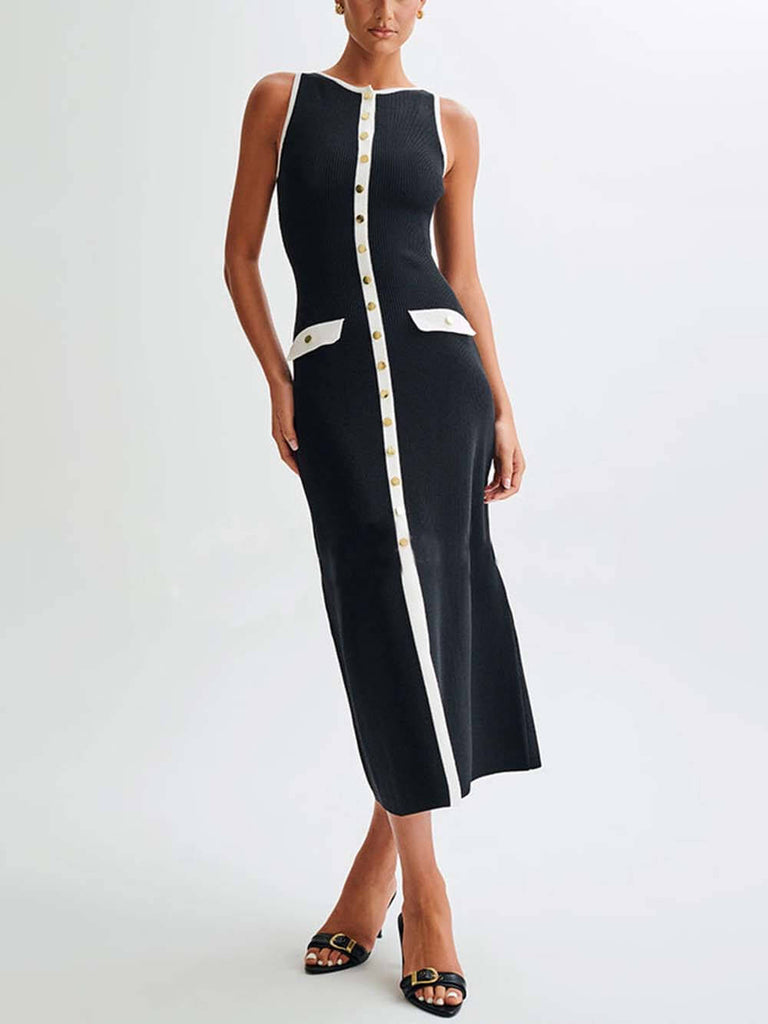 Elegant Crew Neck Buttoned Sleeveless Knit Midi Dress