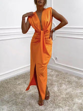 Load image into Gallery viewer, Classic V-Neck Ruched Drape Slit Midi Dress