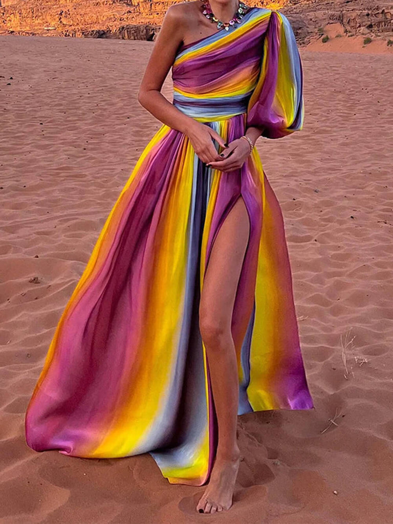 Rainbow Print Off-Shoulder Maxi Dress