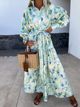 Laden Sie das Bild in den Galerie-Viewer, Charming Printed Shirt Buttons Plain Gold Floral Maxi Dress