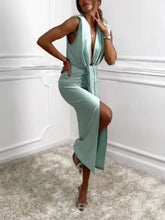 Load image into Gallery viewer, Classic V-Neck Ruched Drape Slit Midi Dress