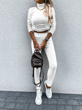 Casual Daily Solid Draw String Fold Turtleneck Long Sleeve Two Pieces