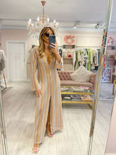 Load image into Gallery viewer, Boho V Neck Bell Sleeve Wavy Striped Crochet Beach Vacation Maxi Dress - Pink