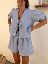 Load image into Gallery viewer, Plaid Front Lace-up Puff Sleeve Top and Elastic Waist Shorts Set