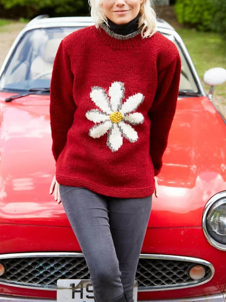 Pull rouge à motif marguerites vintage