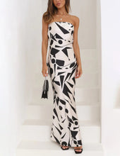 Laden Sie das Bild in den Galerie-Viewer, Satin Geometric Print Off Shoulder Maxi Dress