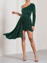 Load image into Gallery viewer, Green Sequin Velvet One Shoulder Mini Dress