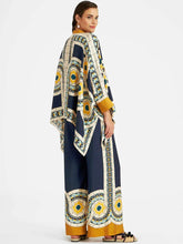 Load image into Gallery viewer, Fine Satin Floral Print Batwing Sleeve Pants Set - Yellow-blue